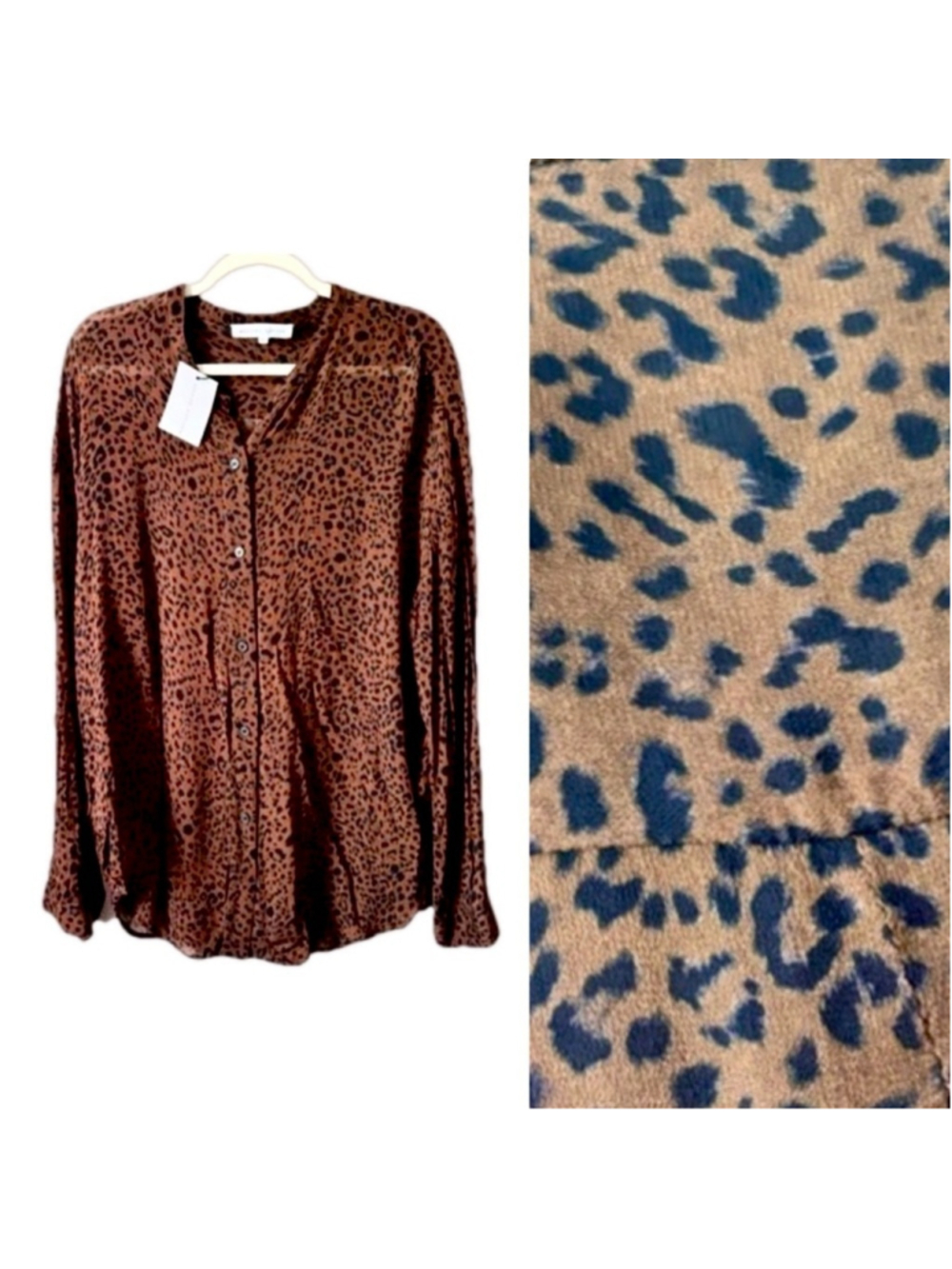 NWT Melissa Nepton Sz L Leopard Print Brown Black Semi Sheer Long Sleeve Blouse
